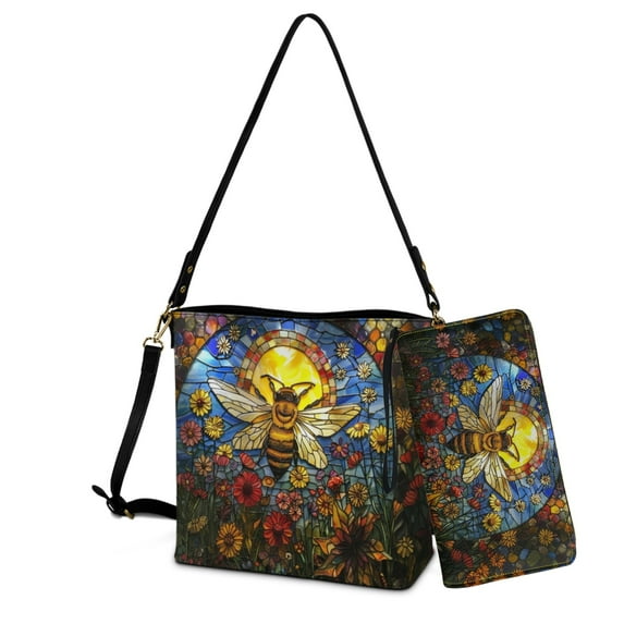 ZUXONGSY Stained Glass Bee Daisy Flower Print Large Top-Handle Handbags with Purse for Women, Waterproof Crossbody Hobo Bag with Wallet Set for Shopping Working