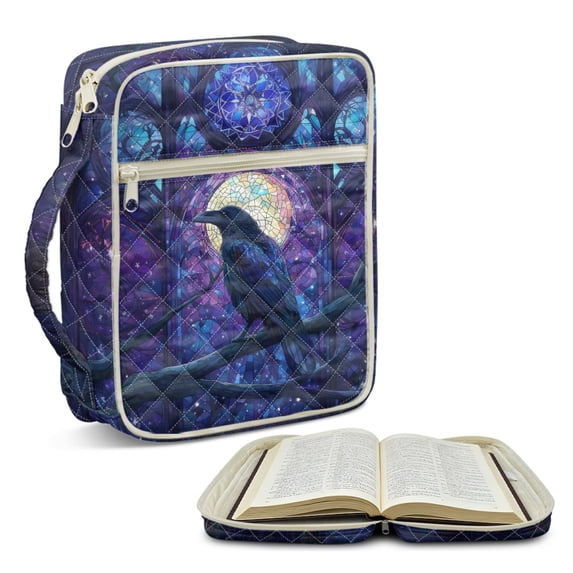 ZUXONGSY Stained Glass Crow Print Bible Cover for Women Large Bible Bag Portable Scripture Bag with Multiple Pockets Carrying Book Case for Study