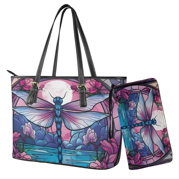 ZUXONGSY Stained Glass Dragonfly Floral Print Purse and Handbags Set for Women Leather Top Handle Shoulder Bag with Matching Wallet Satchel Purse Set Hobo Bag Clutch Purse for Shopping