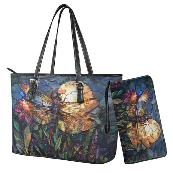 ZUXONGSY Stained Glass Dragonfly Floral Print Tote Bag Handbag with Wallet Set Pu Leather Hobo Shoulder Bag for Women Ladies 2 Pcs Top Handle Handbag Purse Clutch Shoulder Totes