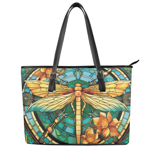 ZUXONGSY Stained Glass Dragonfly Lotus Print Tote Bag for Women Multifunctional Travel Purse Fashion Top Handle Tote Bag with Zippered for Work Dating