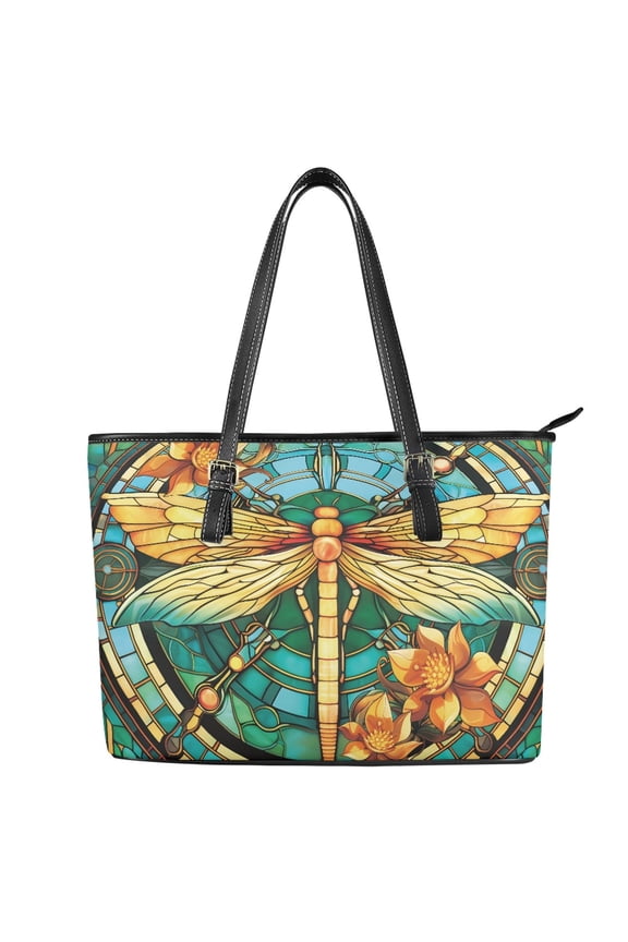 Stained Glass Dragonfly Lotus Print Tote Bag for Women Multifunctional Travel Purse Fashion Top Handle Tote Bag with Zippered for Work Dating