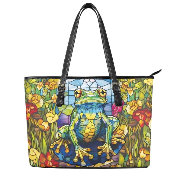 ZUXONGSY Stained Glass Frog Flower Print Handbag for Women Lightweight Satchel Handbags Portable Shoulder Bag with Zip Compartments for Work Dating