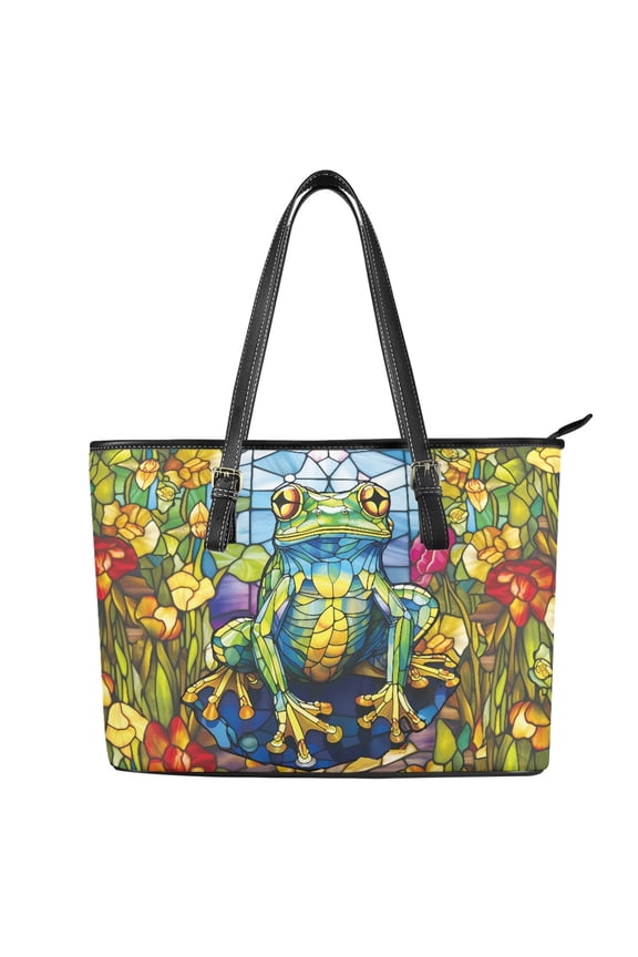 Stained Glass Frog Flower Print Handbag for Women Lightweight Satchel Handbags Portable Shoulder Bag with Zip Compartments for Work Dating