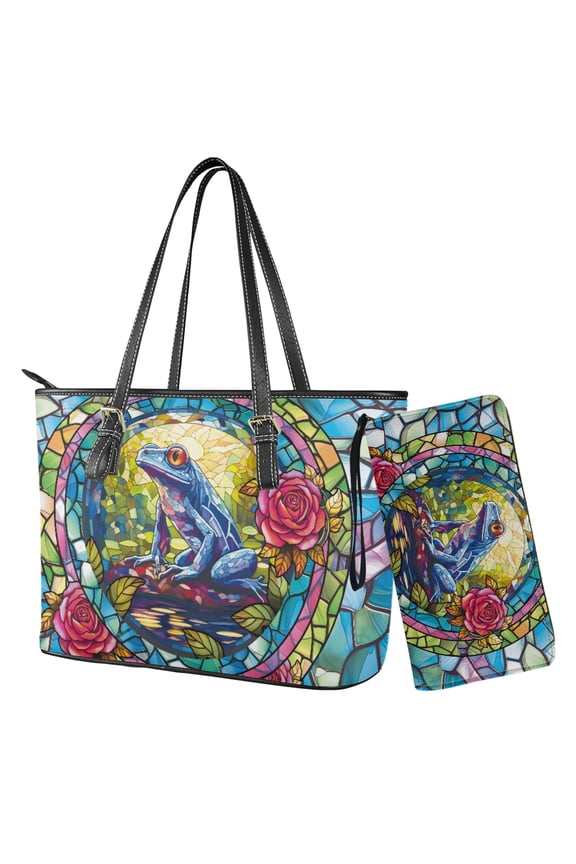 Stained Glass Frog Rose Print Womens Wallet and Purse Set Tote Bag Hobo Shoulder Handbag with Matching Purse Pu Leather Top Handle Handbag