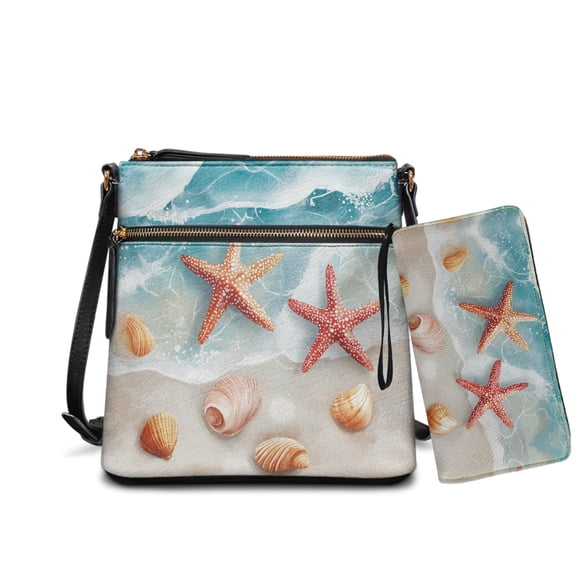 ZUXONGSY Starfish Conch Beach Print Leather Crossbody Purse & Wallet Set for Women, Large Satchel Hobo Bag with Adjustable Strap for Travel, Work & Parties