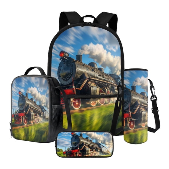 ZUXONGSY Steam Train Print 4 in 1 Backpack Set Included Shoulder Bagpack and Lunch Pouch Pencil Case and Water Bottle Holder for Boys and Girls Large Capacity Schoolbag Bookbag