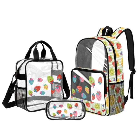 ZUXONGSY Strawberry Print 3 Pcs Clear Backpack Set for School, Heavy Duty Transparent Bookbag with Lunch Bag & Pencil Case, See Through for Teen Girls Kids