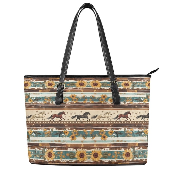 ZUXONGSY Striped Sunflower Horse Print Handbag for Women Waterproof Work Bag Portable Laptop Tote Bag with Zip Compartments for Shopping Work