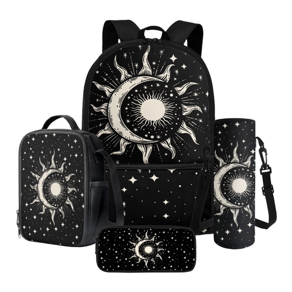 ZUXONGSY Sun Moon Stars Print 4PCS Backpack for Boys Girls Kids School Backpack Sets with Lunch Bag Pencil Case and Water Bottle Holder for Teens Elementary Middle High School Students