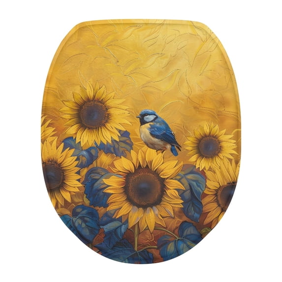 ZUXONGSY Sunflower Bird Toilet Lid Seat Cover Machine Washable Elongated Toilet Cover with Elastic Band Washroom Toilet Bowl Dust Cover Stain-Resistant Decoration for Washroom