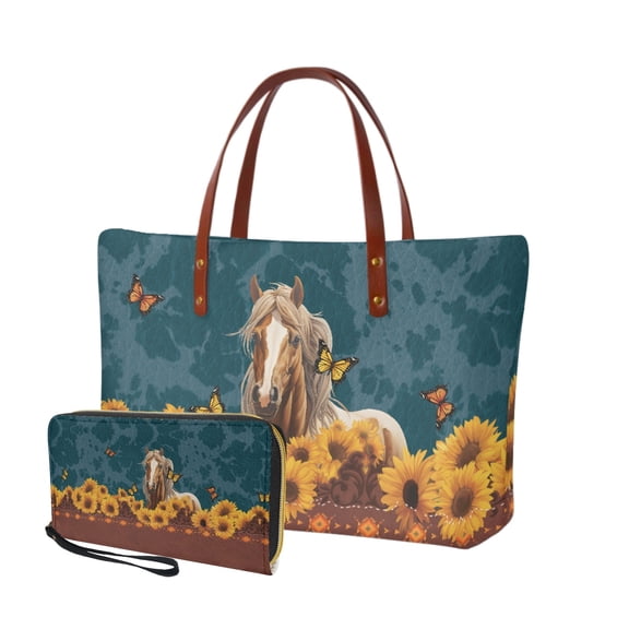 ZUXONGSY Sunflower Butterfly Horse Print Purses Shoulder Bag Set of 2 for Ladies Girls Top Handle Satchel PU Cash Wallet LargeTote Bag Credit Card Holder Wallet for Excursions Business