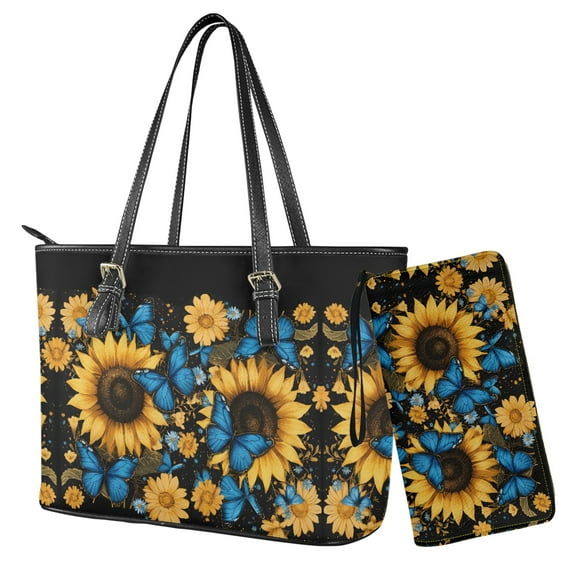 ZUXONGSY Sunflower Butterfly Print PU Leather Hobo Shoulder Bag for Women Lightweight Purse and Wallet Set with Zipper Handbag with Matching Wallet for Shopping Work