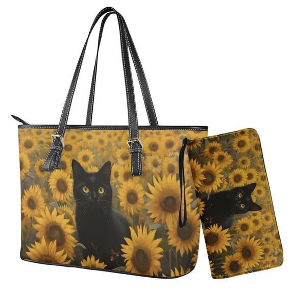 ZUXONGSY Sunflower Cat Print Leather Satchel Bag for Women with Matching Wallet Set Waterproof Office Tote Purse and Wallet Set for Shopping Work