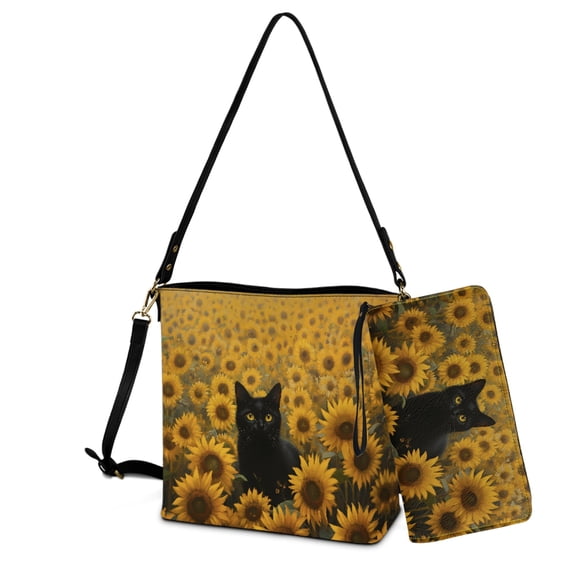 ZUXONGSY Sunflower Cat Print Trendy 2 Pcs Bucket Bag Purse Set for Women, Lightweight Leather Crossbody Handbag with Wrist Wallet for Dating Business