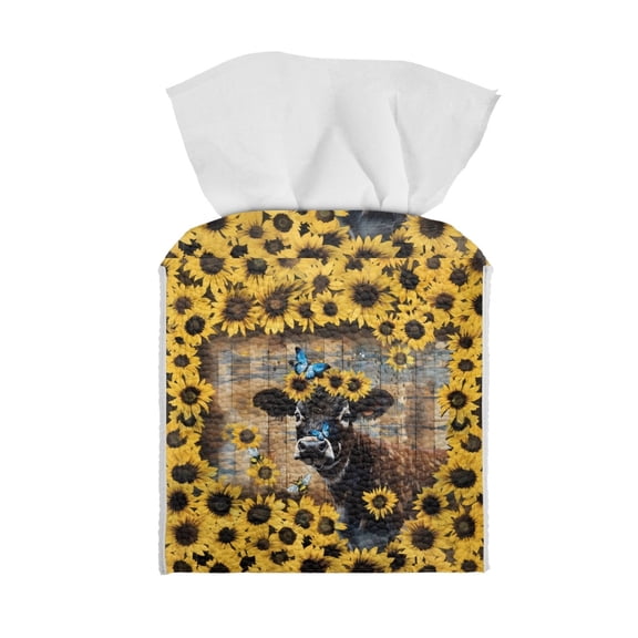 ZUXONGSY Sunflower Cow Square Tissue Box Cover Wood PU Leather Tissue Box Cover Stylish Tissue Box Cover Customized Printed Tissue Cover Aesthetic Decor for Women Men