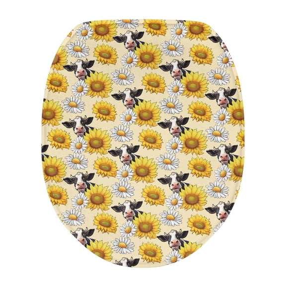 ZUXONGSY Sunflower Cow Toilet Lid Dust Cover Decorative Round Elongated Toilet Lid Covers Full Coverage Design Machine Washable Seat Covers Anti-Slip Home Accessories Decoration