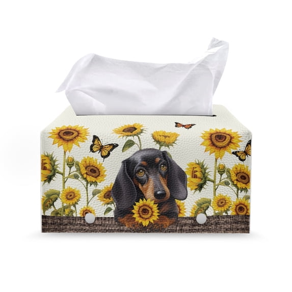 ZUXONGSY Sunflower Dachshund Tissue Box Cover Modern PU Leather Tissue Holder with Snap Button Texture Leather Tissue Box Cover Waterproof Tissue Cover Gifts to Friends Family