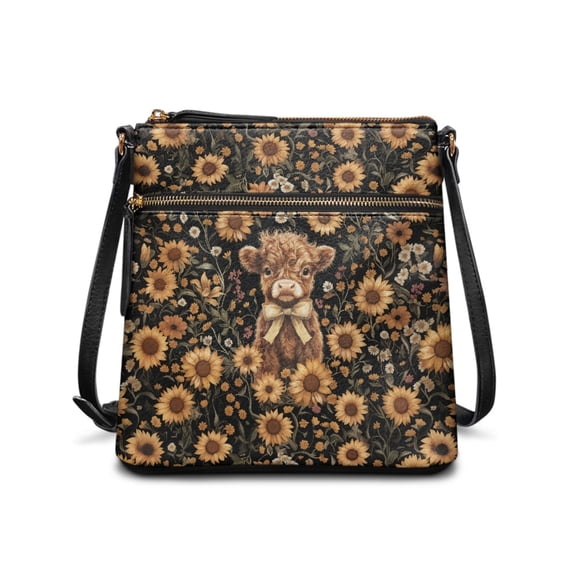 ZUXONGSY Sunflower Daisy Highland Cow Print PU Shoulder Bag for Women Lightweight Multiple Pockets Bag Crossbody Handbag Waterproof Travel Purse with Zipper for Daily Use Working