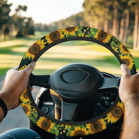 ZUXONGSY Sunflower Golf Cart Steering Wheel Covers Golf Cart Steering Wheel Dust Cover Absorbing Sweat Auto Accessories Club Car Steering Wheel Cover Universal 13 14 Inch for Most Golf Cars