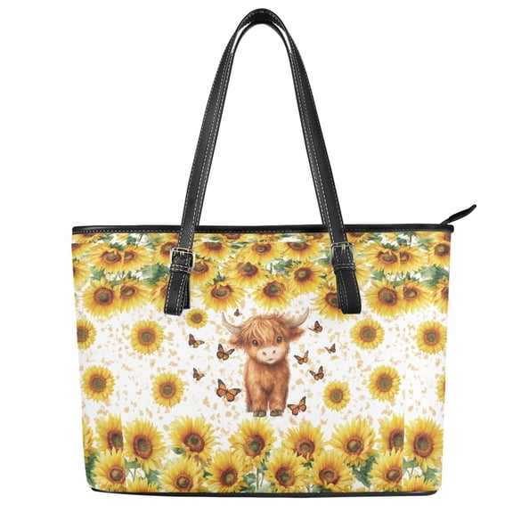 ZUXONGSY Sunflower Highland Cow Butterfly Print Top Handle Bag for Women PU Leather Top Handle Tote Bag Portable Satchel Handbags with Zippered for Shopping Work