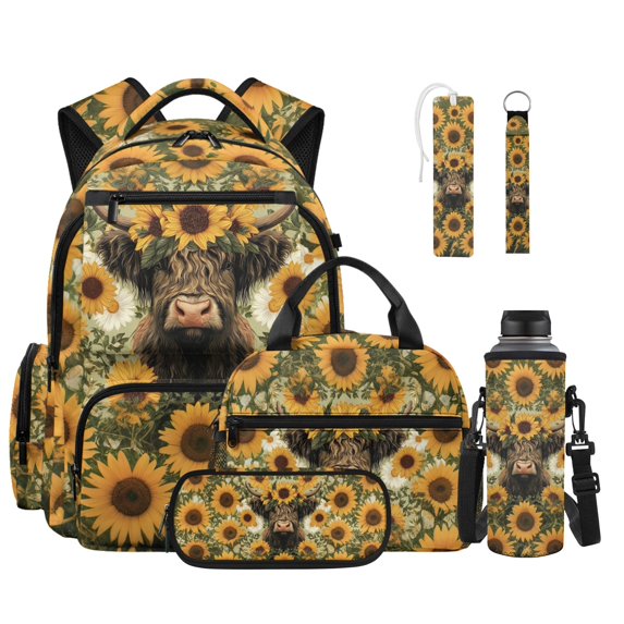 ZUXONGSY Sunflower Highland Cow Print School Backpack for Teens Boys Grils, 6-in-1 Kids Backpack Bookbag Set Rucksack School Bags with Lunch Box Pencil Case Water Bottle Sleeve Keychain Bookmark