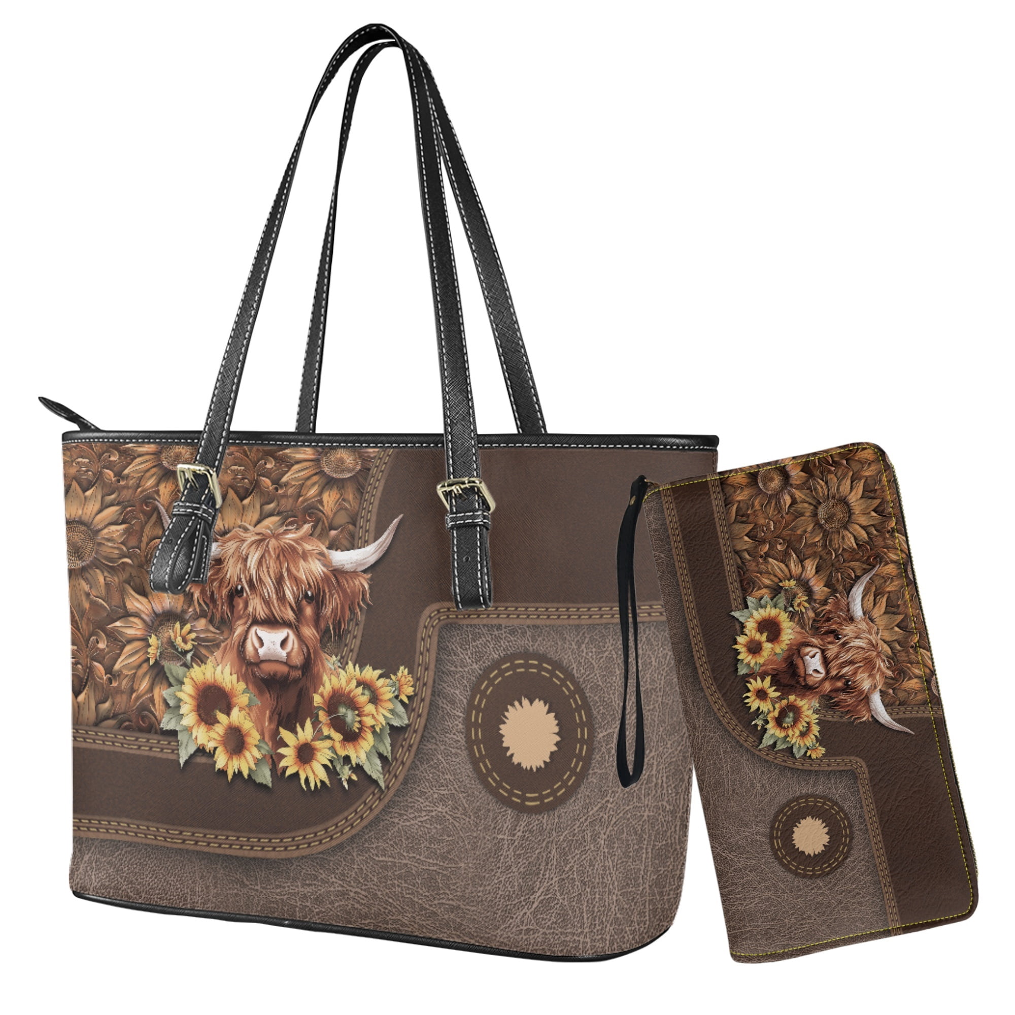 【Llife】COW LEATHER HOBO BAG ZUXONGSY Highland Cow Rose Print PU Leather Hobo Shoulder Bag for
