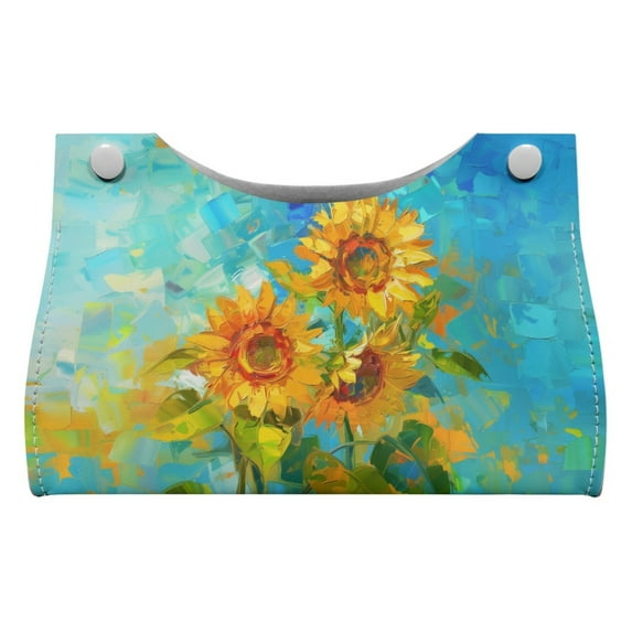ZUXONGSY Sunflower Oil Painting Tissue Box Cover Modern PU Leather Tissue Holder with Buttons Rectangular Fashion Tissue Cube Box Cover Easy to Install Stylish Home Decor