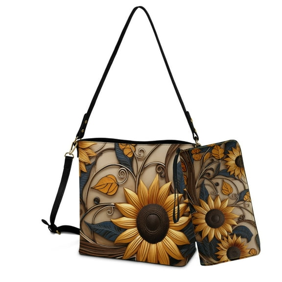 ZUXONGSY Sunflower Print 2 Pcs Bucket Purse Set for Women Lightweight Shoulder Bag with Leather Wallet Casual Top-Handle Handbags with Purse for Shopping