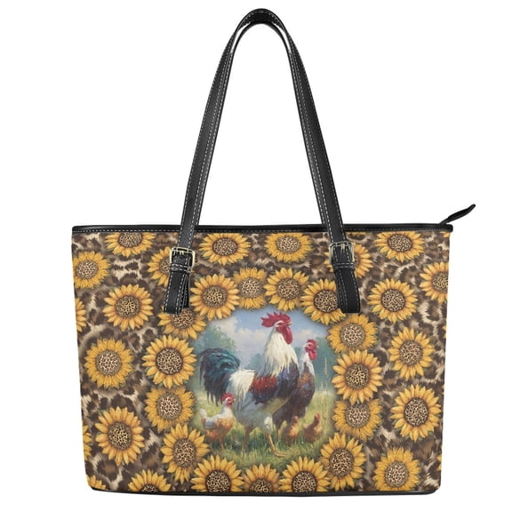 ZUXONGSY Sunflower Rooster Print Tote Bag for Women Casual Travel Purse Lightweight Satchel Handbags with Zip Compartments for Travel Shopping