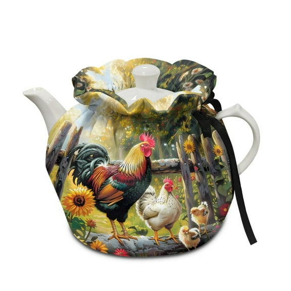 ZUXONGSY Sunflower Rooster Tea Pot Cozies Double-Sided Tea Pot Decor Cover with Elastic Band Drawstring Dustproof Soft Breakfast Pot Protector Not Easy to Pilling for Home Kitchen