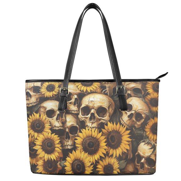 ZUXONGSY Sunflower Skull Print Tote Bag for Women Practicality Work Bag PU Leather Satchel Handbags with Handle for Business Shopping
