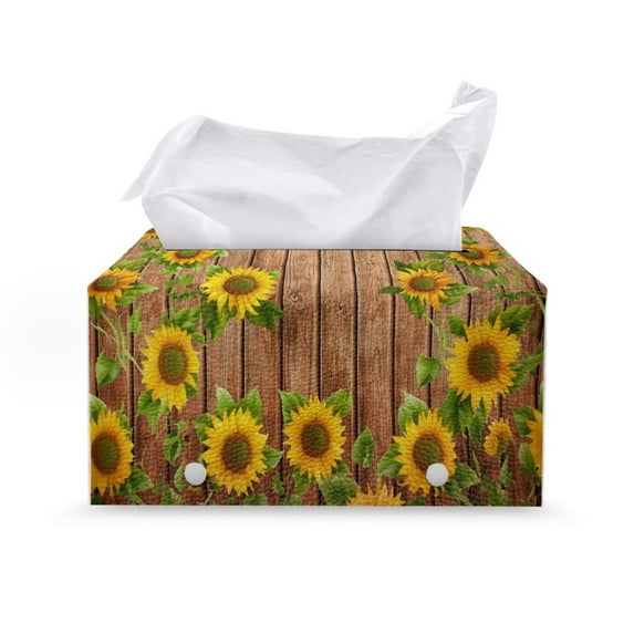 ZUXONGSY Sunflower Wood Tissue Box Covers PU Leather Household Tissue Holder with Buckle Customized Printed Tissue Cover Full Coverage Design Rectangular Tissue Box Attractive Decor
