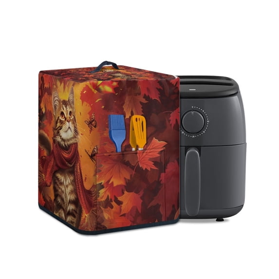 ZUXONGSY Thanksgiving Cat Air Fryer Cover Small Kitchen Appliance Covers with Front Pocket Maple Leaf Rice Cooker Coffee Machine Cover Easy to Use Thanksgiving Fall Decor