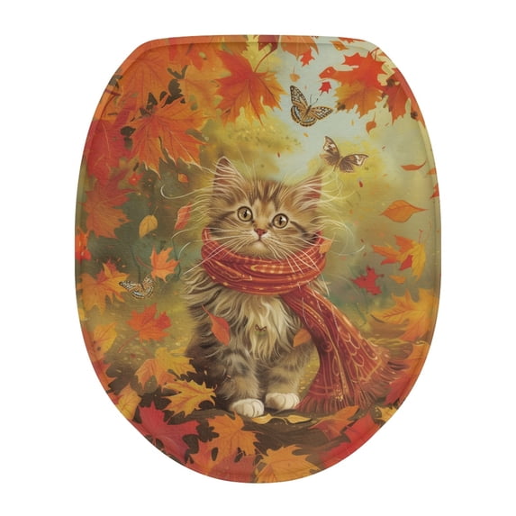 ZUXONGSY Thanksgiving Cat Toilet Lid Dust Cover Easy to Install Toilet Lid Cover Full Coverage Design Maple Leaf Soft Thicker Flannel Bathroom Toilet Seat Cover Decoration for Bathroom