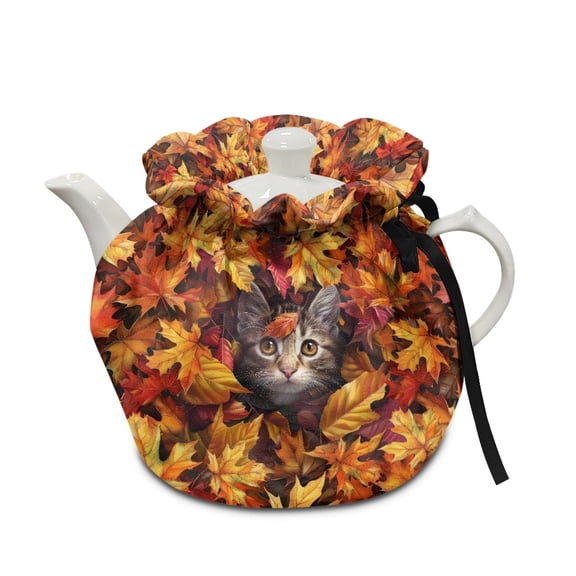 ZUXONGSY Thanksgiving Fall Tea Cozies Tea Cosy for Teapot with Elastic Band Drawstring Insulated Kettle Cover Maple Leaf Cat Easy to Install And Washable Thanksgiving Fall Decor