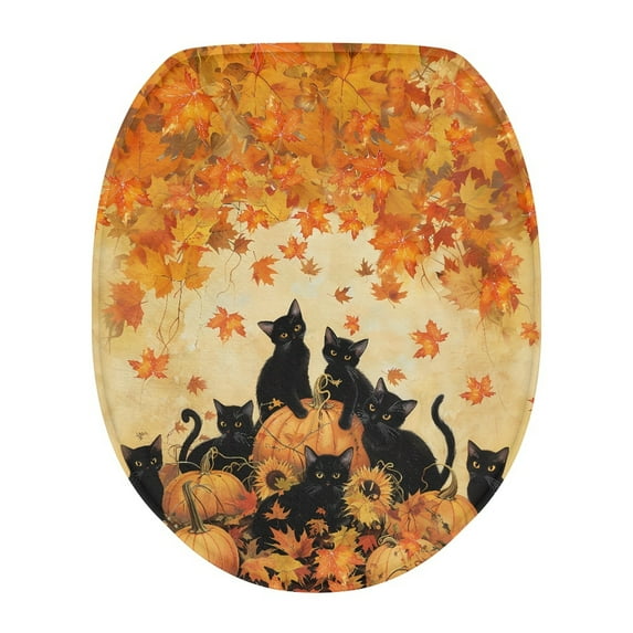 ZUXONGSY Thanksgiving Maple Leaf Toilet Lid Seat Cover Oblong Toilet Seat Cover Black Cat with Elastic Band Soft Stretchable Toilet Lid Covers Toilet Protective Cover Thanksgiving Decor