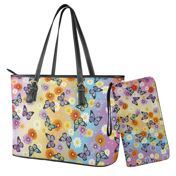 ZUXONGSY Tie-Dye Daisy Flower Butterfly Print Large Capacity Women's Top Handle Tote Bag Set PU Leather Purse with Matching Wallet & Clutch for Shopping Work