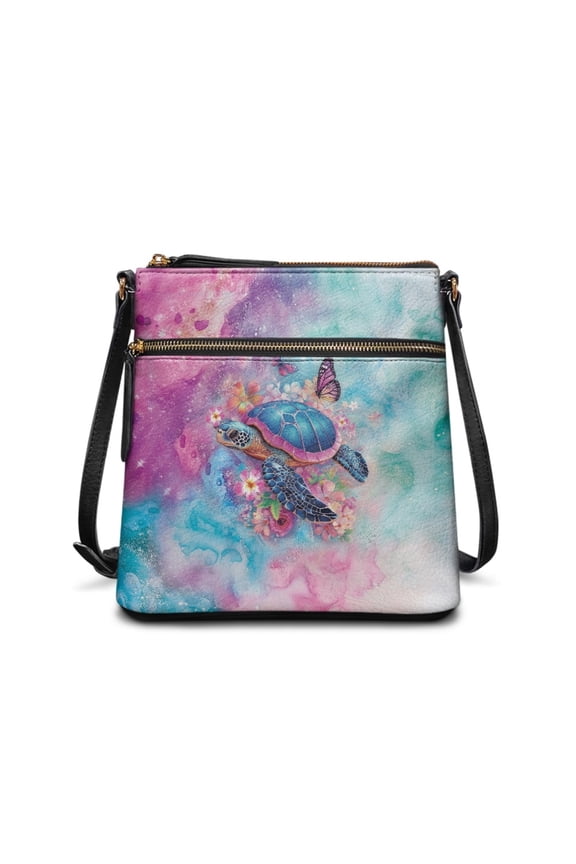 Tie-Dye Turtle Butterfly Floral Print PU Shoulder Bag for Women Fashion Shoulder Purse Bag Handbags Lightweight Messenger Bag with Zipper Pocket for Daily Use Travel