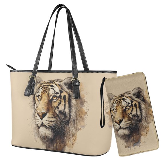ZUXONGSY Tiger Print Tote Bag with Purse Lightweight Leather Handbag and Wallet Set for Women Waterproof Totes Top Handle Handbag with Matching Clutch Purse