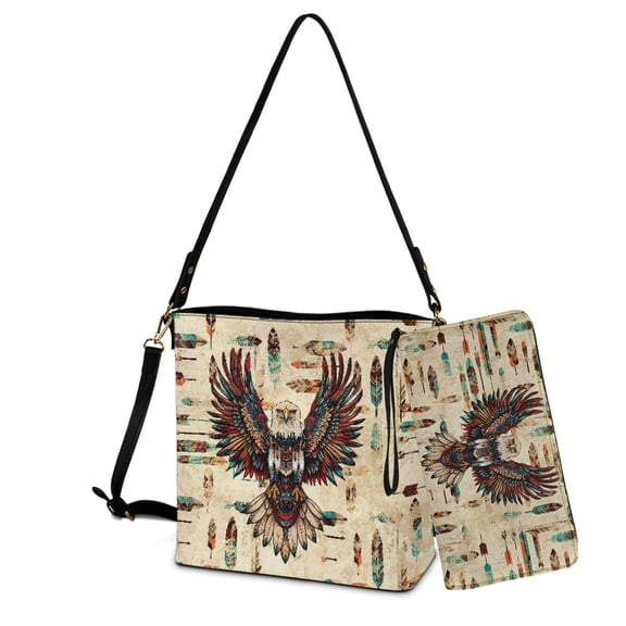 ZUXONGSY Tribal Eagle Print Multifunctional Crossbody Handbag with Leather Wallet for Women, Multipurpose Bucket Bag Tote Purse Set for Dating Business