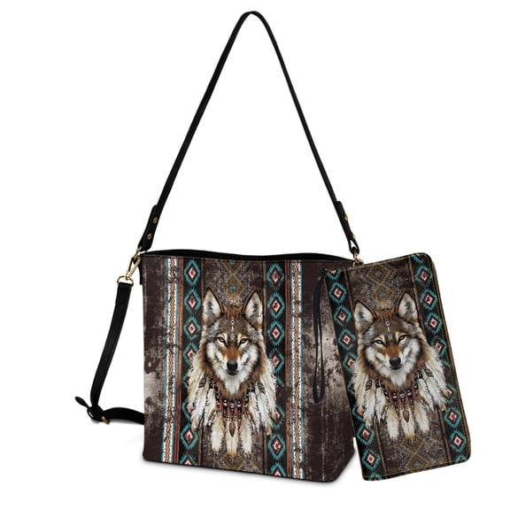 ZUXONGSY Tribal Wolf Print Casual Bucket Bag Tote Purse Set for Women, Fashion Shoulder Bag with Leather Wallet for Daily Use Travel