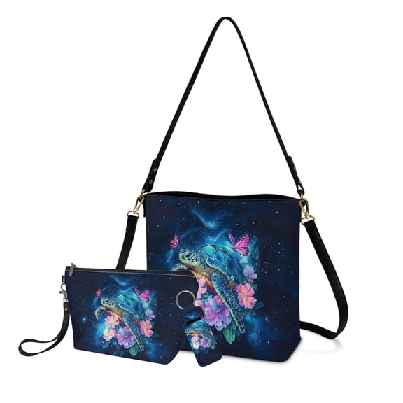 ZUXONGSY Turtle Butterfly Daisy Galaxy Print Top-Handle Handbags with Portable Cosmetic Bags and Keychain Clip-on Sleeve for Women Shoulder Bag Set with Cosmetic Pouch Purse Lip Balm Holster
