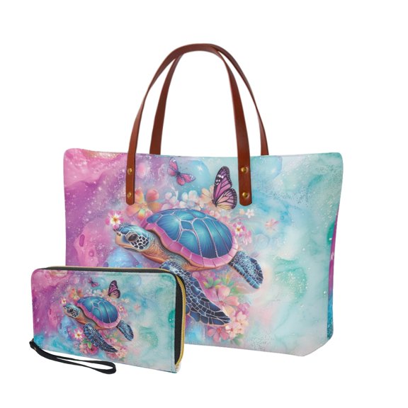 ZUXONGSY Turtle Hibiscus Butterfly Print Top Handle Satchel Purses Set of 2 for Women Large Tote Bag Satchel Handbags Shoulder Bag with PU Cash Wallet for Hiking Shopping