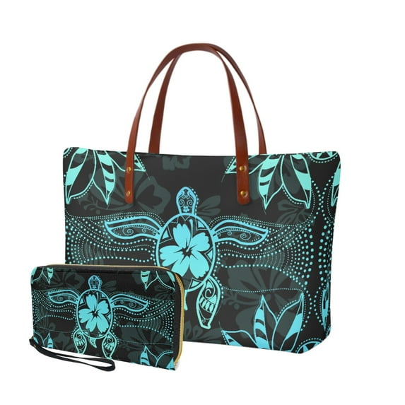 ZUXONGSY Turtle Hibiscus Flower Print Polyester Handbags with Matching Wallet for Women Portable Top Handle Satchel Work Bag Cash Wallet for Shopping Business