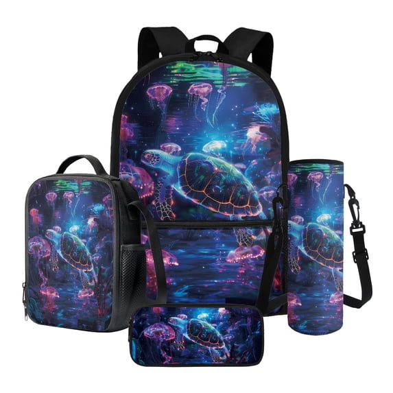 ZUXONGSY Turtle Jellyfish Print 4 Pcs Kids Backpack Set for Elementary Middle Schools Lightweight Bookbags School Bags with Lunch Box Pen Case and Water Bottle Holder, Casual Daypack for Girls Boys