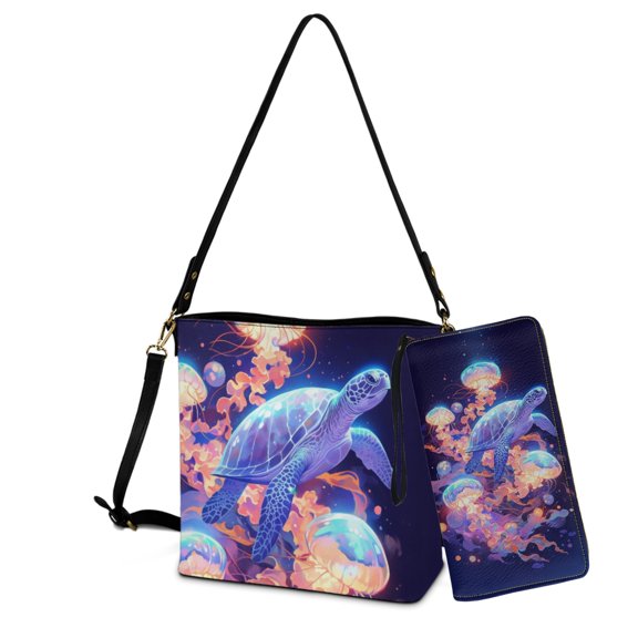 ZUXONGSY Turtle Jellyfish Print Multifunctional Shoulder Bag with Leather Wallet for Women, Multipurpose Top-Handle Handbags with Purse for Shopping Working