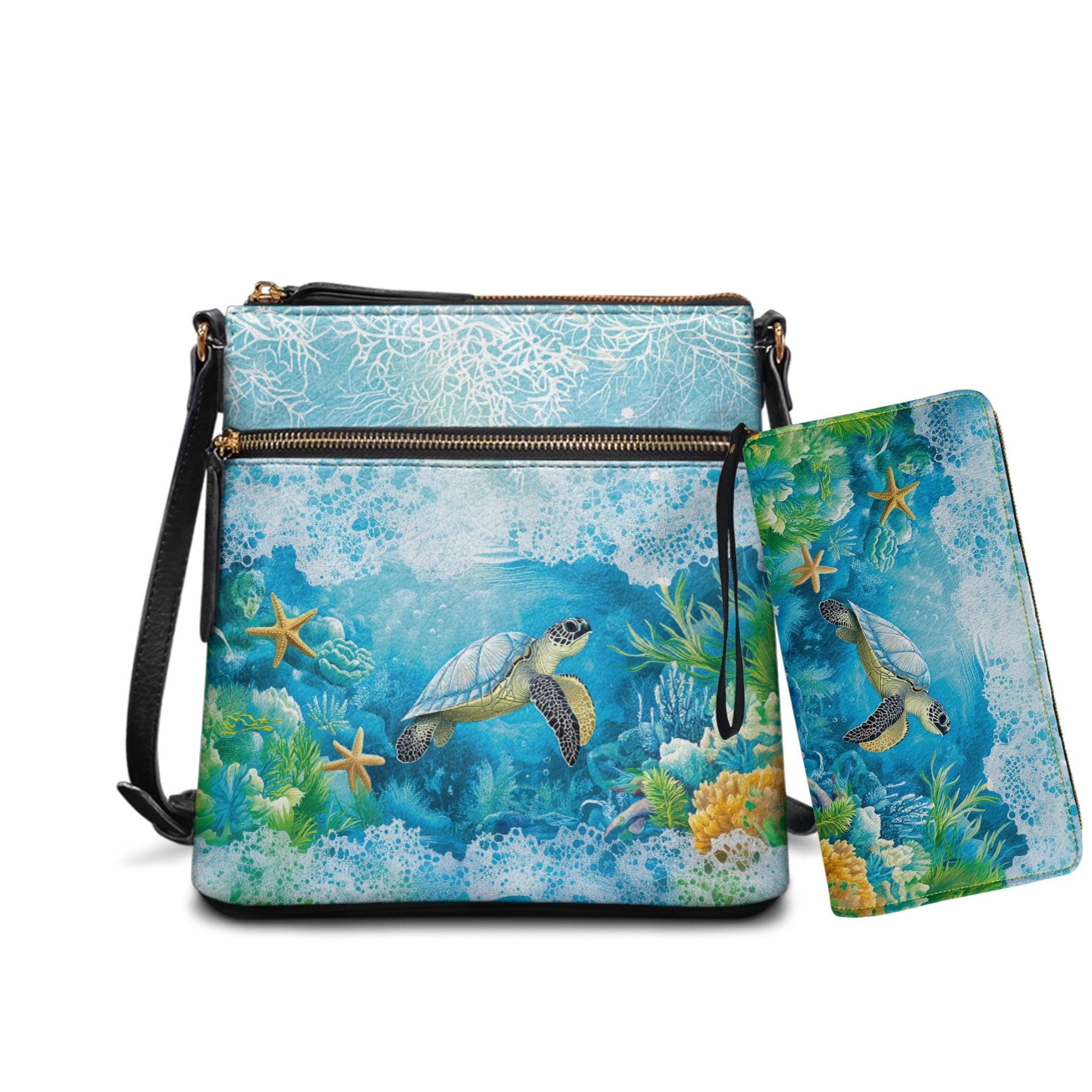 ZUXONGSY Turtle Sea Coral Print Large PU Leather Crossbody Bag & Wallet Set for Women, Stylish Satchel with Adjustable Shoulder Strap for Travel & Shopping