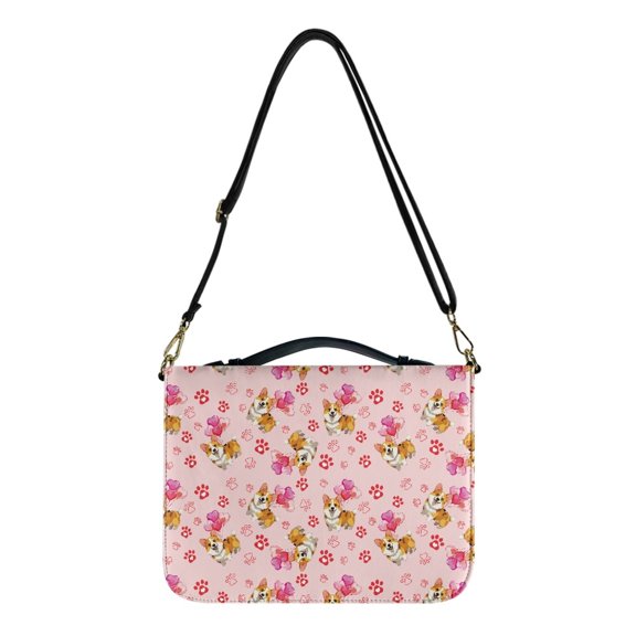 ZUXONGSY Valentine's Day Corgi Heart Paw Prints Pu Leather Bible Case for Men Women Multifunctional Bible Carrier with Detachable Strap Sturdy Scripture Bag for Daily Use, -M
