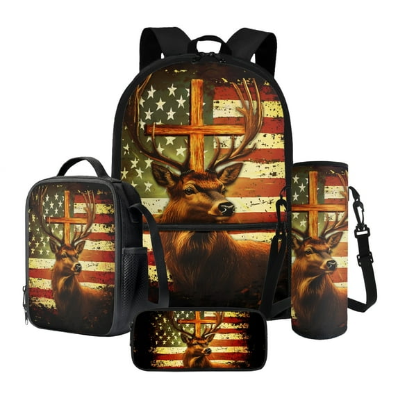 ZUXONGSY Vintage American Flag Elk Cross Print Patriotic Kids Backpack for Kids Toddler Girls 4 Piece Backpack Set with with Lunch Box Bag,Handbags Pencil Case and Water Pouch Back to School Gifts